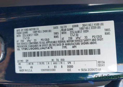 2020 Ford Escape Se из США, поврежденный, VIN 1FMCU9G66LUA21475